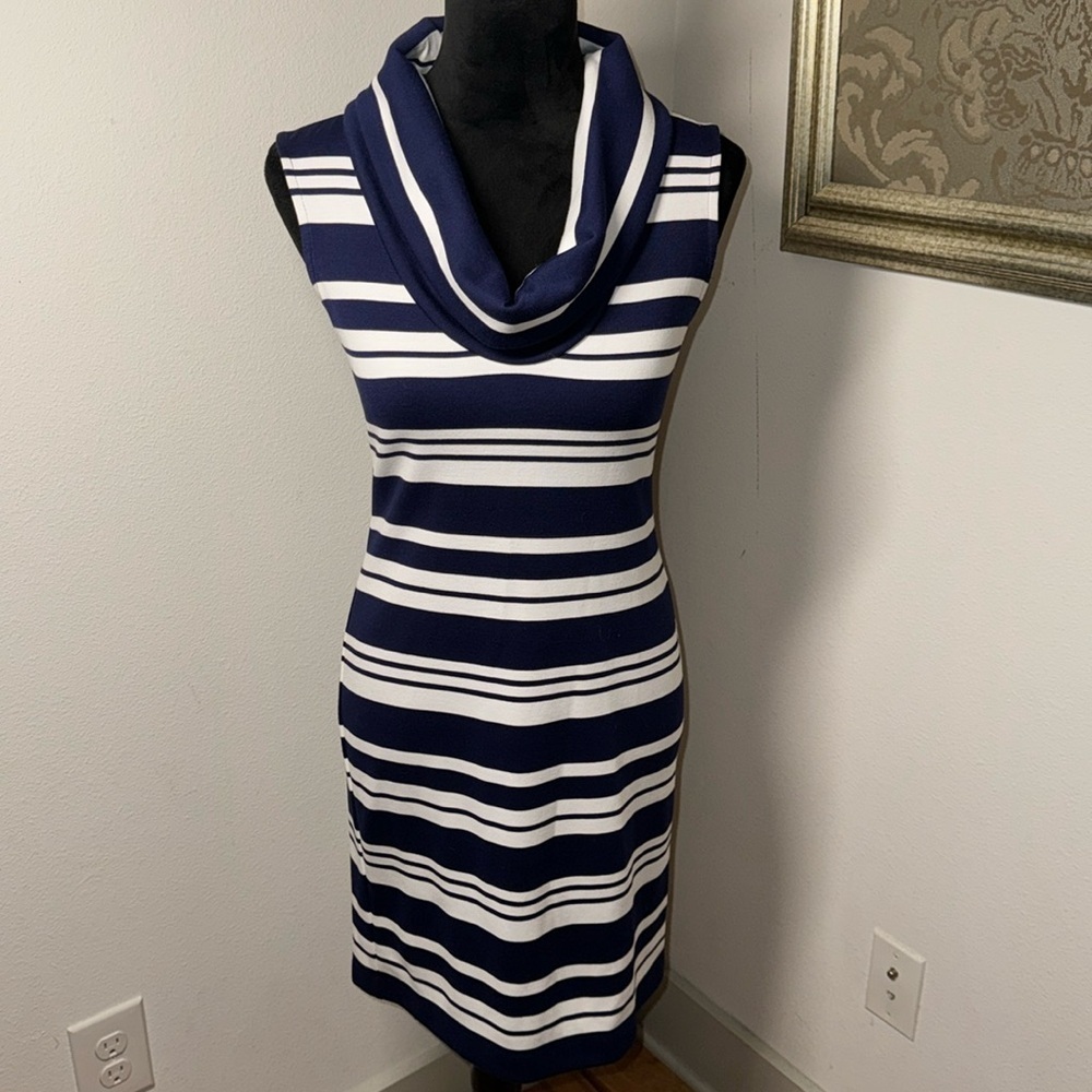 Muse Boston Proper cowl neck navy blue and white stripes shift stretch dress Sz0